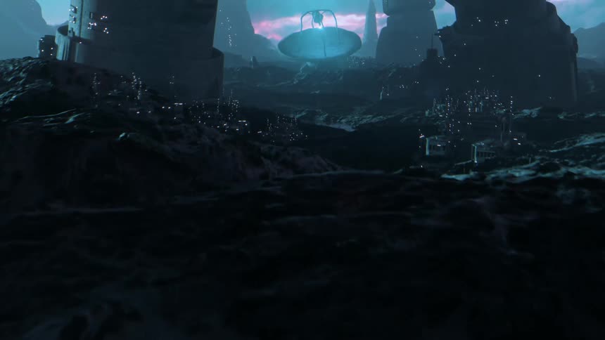 Moving over the rough terrain of an alien planet as buildings are near a river and towers surround a radar device as light shines through the clouds
