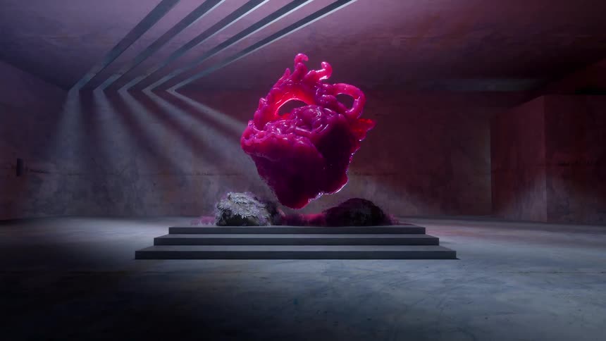 Strange organic object is pulsating on display in a museum room