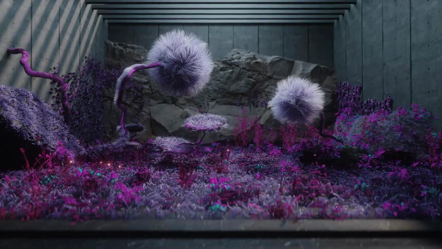 Surreal dreamlike computer generated special effects shot of strange colorful alien plants moving