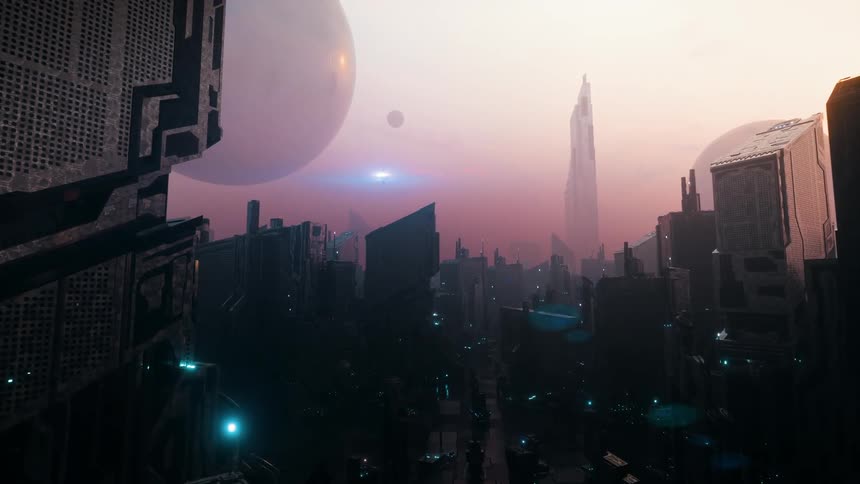 Towers and skyscrapers stand tall in a futuristic skyline as large orbs float in a pink sky over the city as a glowing ship flies