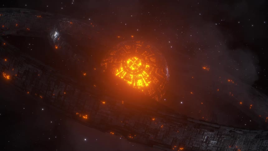 A glowing hot megastructure rotates in outer space