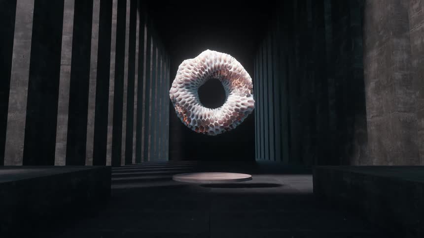 Doors open to a computer generated special effects shot of an artificial structure floating in a hallway