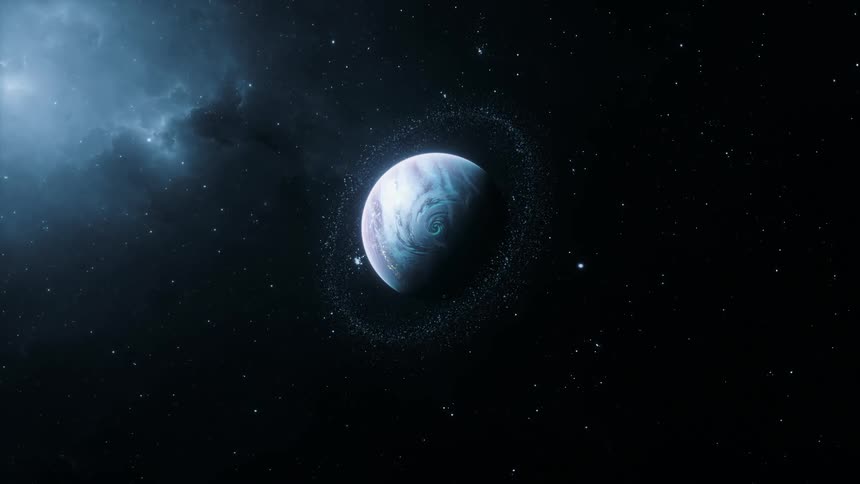 Manmade ring rotates around alien planet with swirling storm