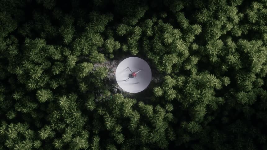 A satellite emitting waves in the middle of a lush green field