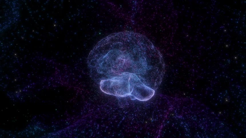 A human brain made of glowing particles rotates in dark space as other glowing molecules move and swarm
