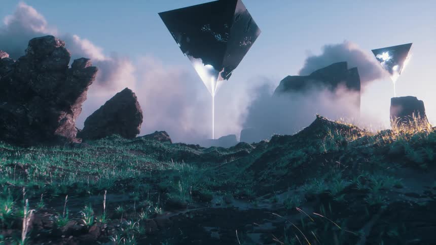 Abstract pyramid shapes are beaming light onto an alien landscape
