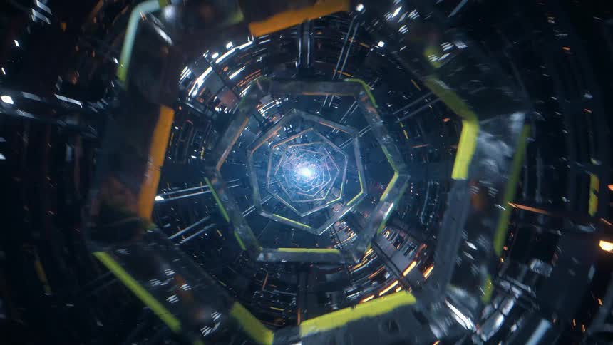 Zooming through a rotating space station leading to a bright light