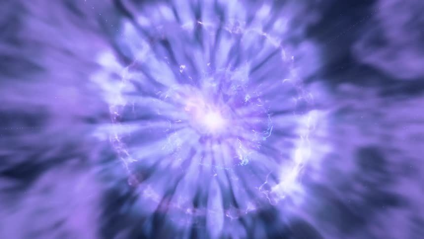 A bright light flashes in the darkness of space and explodes with purple light illuminating the cloud of emerging smoke