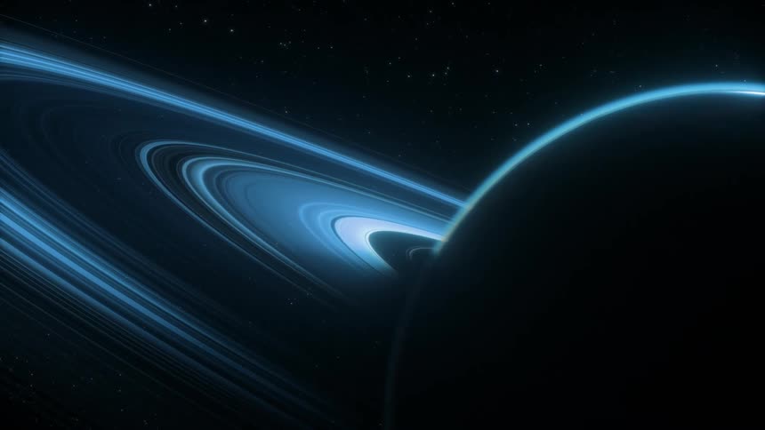 Light illuminates the edges of a ringed planet in the darkness of space