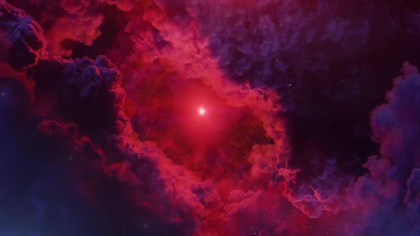 A twisting view of a pink and purple cloudy space with a bright light in the middle