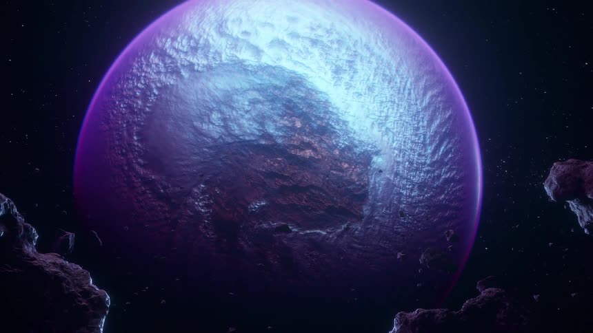 Asteroids are floating in space near a glowing planet with a rough surface and glowing purple