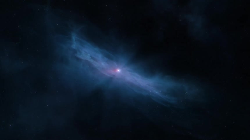 A flashing nebula in space against a dark starry sky