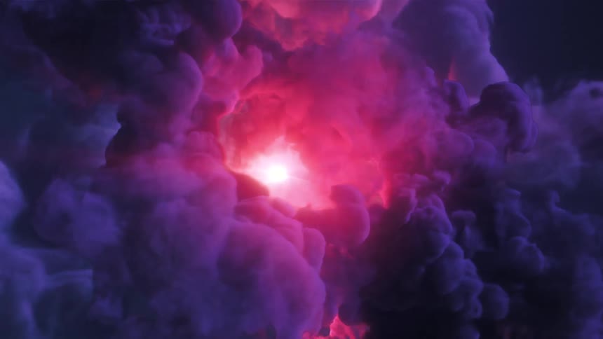 Several purple billowy clouds of smoke surround a pink erratically flashing light in the center