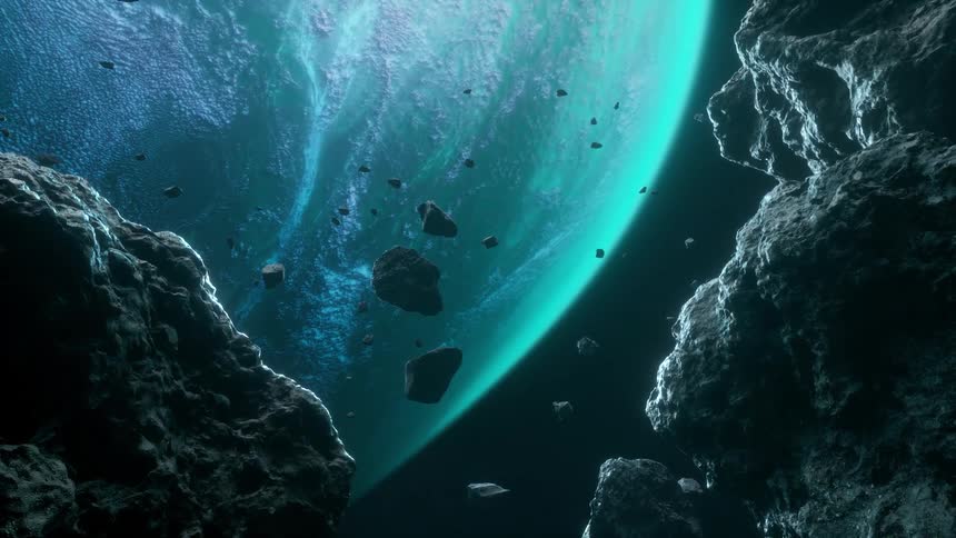 Asteroids are floating in space near a large green glowing planet