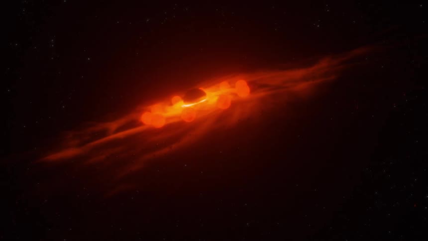 A red and orange bright glowing spacecraft turns as yellow light circles a black sphere in the center and glowing orange orbs are around it as it floats in space