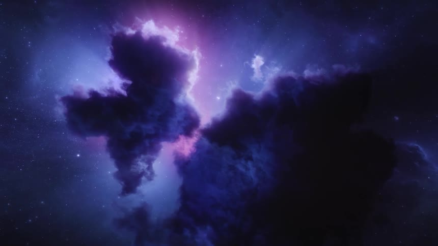 Clouds floating in space are illuminated by pink and purple light as stars shine
