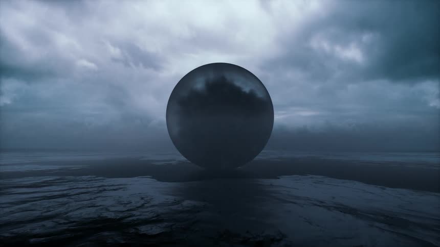 Dark smoke swirls in large tranparent sphere sitting on ground near water under an overcast sky on a misty day