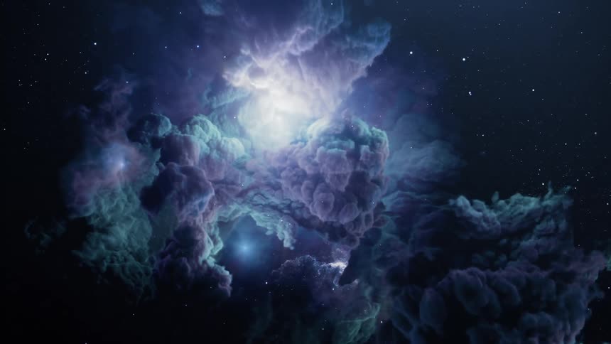 Light shines through the purple clouds in space