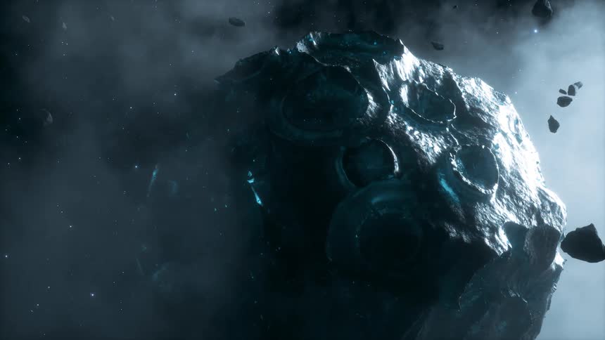 A planet with large craters is tumbling through space as asteroids are floating near and clouds are covering the stars