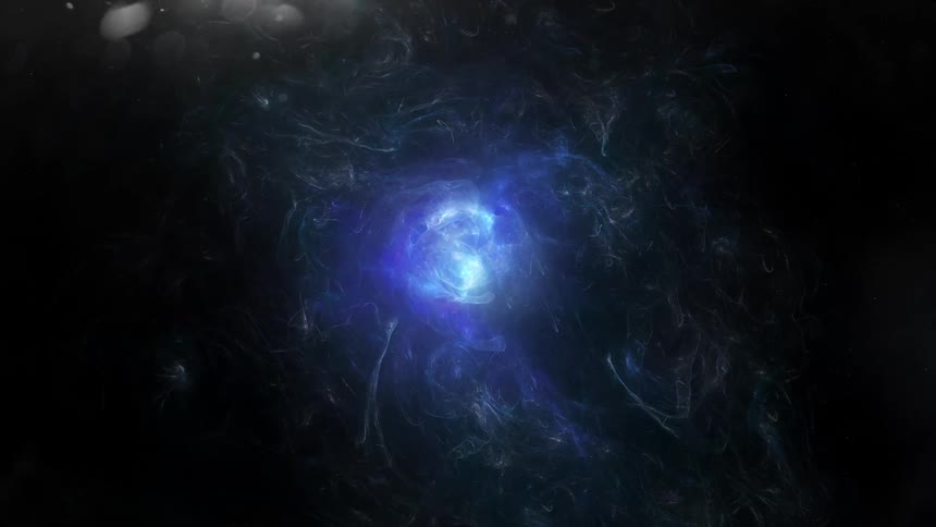 Surreal dreamlike computer generated special effects of a flyby through a blue nebula in space