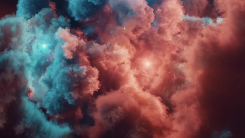 Clouds in space glow pink and blue as illuminated orbs float through space