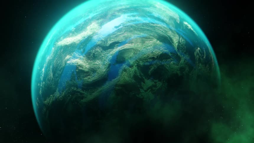 A computer animated image of the earth is shown against a dark smoky background