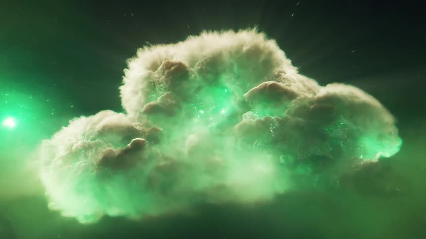 Green light shines on a fuzzy alien cloud floating in space