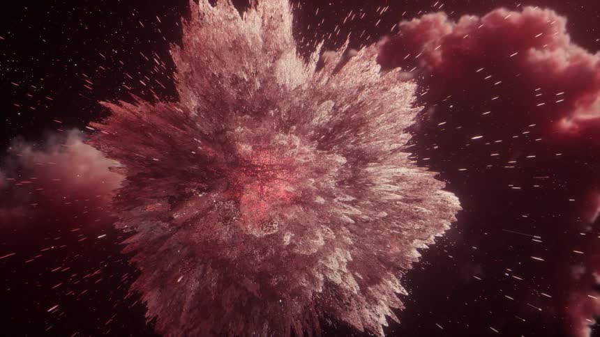 Pink clouds are floating among the stars and one explodes and flying particles become shards flying outward like glass spears