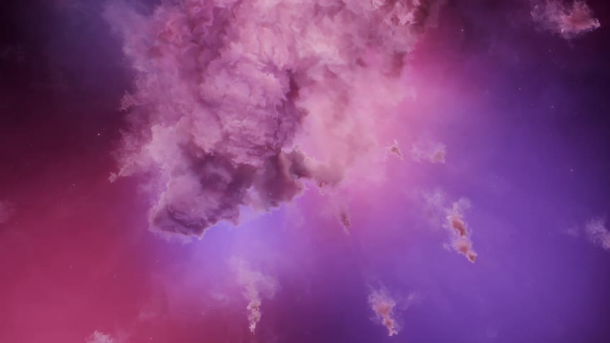 Clouds spread out in a pink and purple sky as stars move above