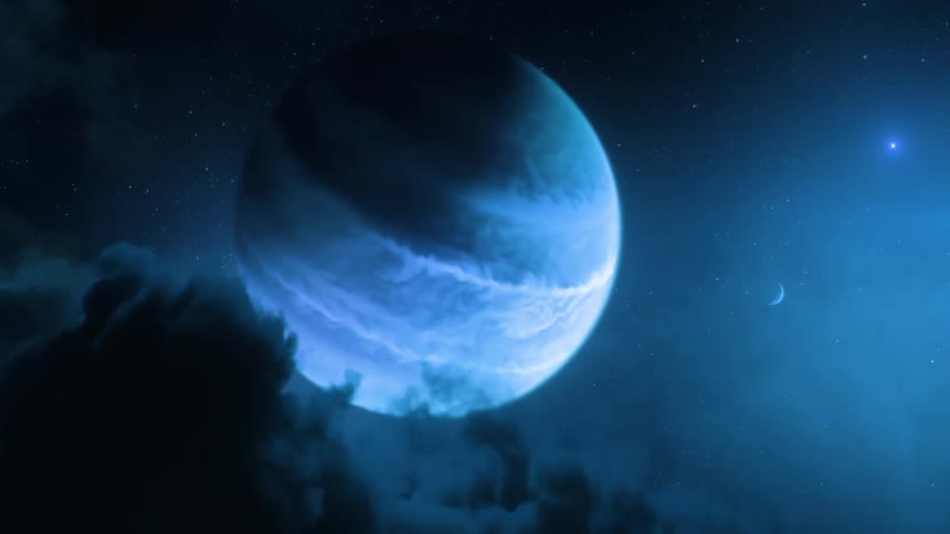 Rings move along surface of planet hanging in sky above clouds near crescent moon