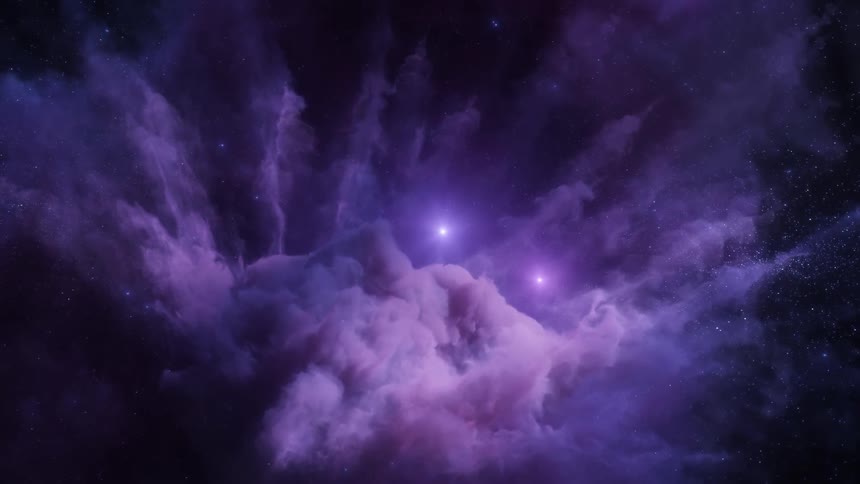 Surreal dreamlike computer generated special effects of a flyby through a violet nebula in space