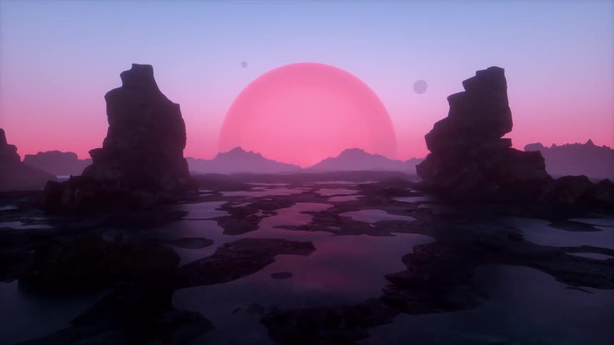 A pink sun in the sky against mountains with rock formations in the foreground
