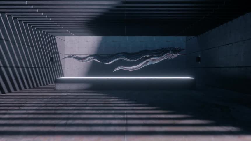An alien creature is on display in a brutalist museum room