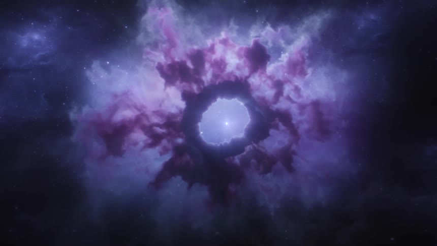 A purple cloud formation in space against a dark starry sky