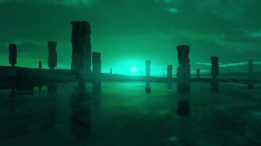 An alien planet with stone pillars and green atmosphere