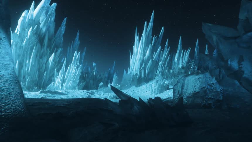 Giant shards of ice jutting out of an icy landscape