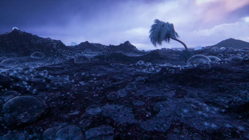 An animated world with bubbles on the ground and a palm tree leaning
