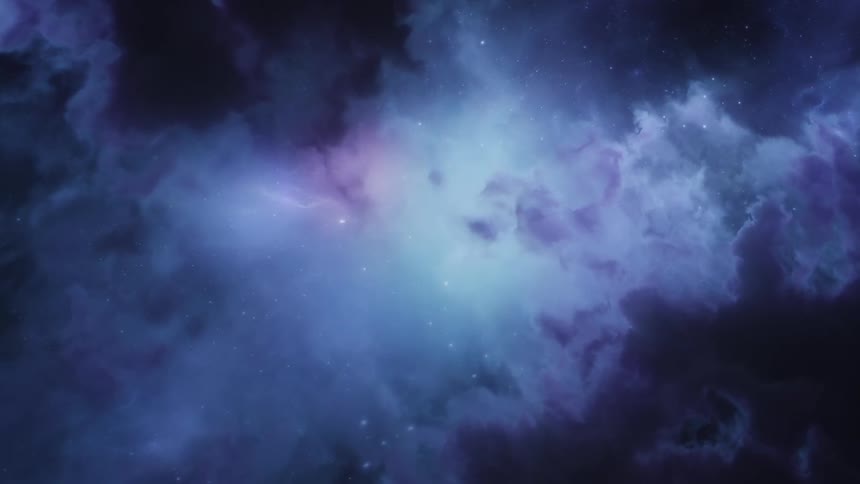 Surreal dreamlike computer generated special effects of a flyby through a blue nebula in space