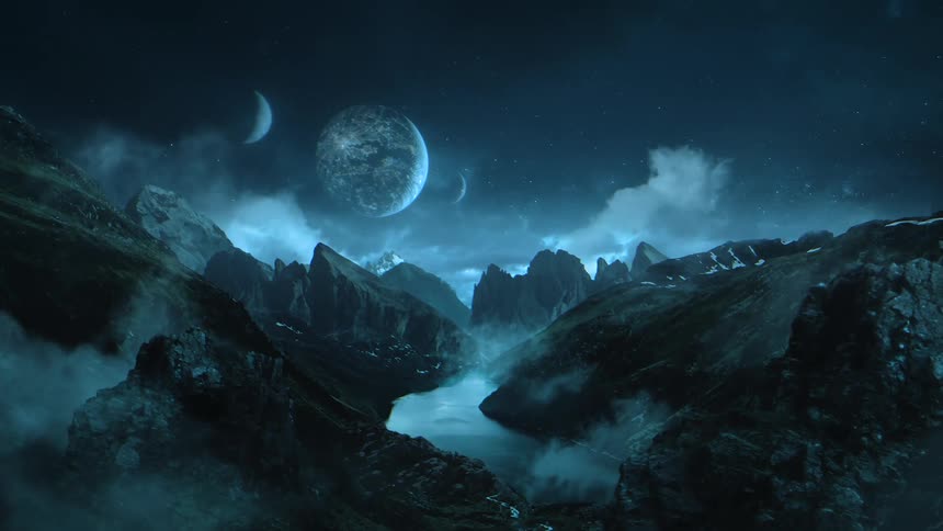 Planets float in the star filled sky over an alien planet with a river mountain valley and rock formations