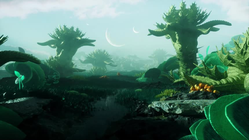 Surreal dreamlike shot of strange plants on an alien planet