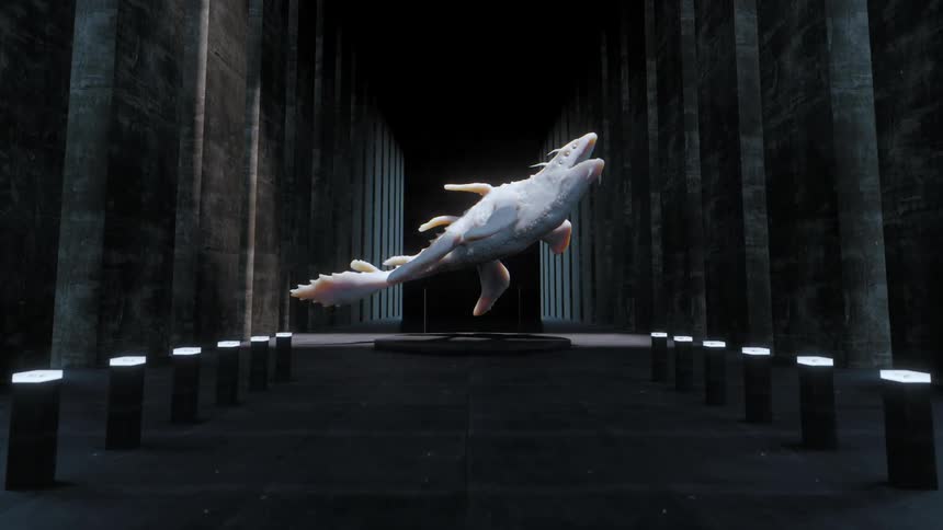 A large alien marine animal is on display in the hall