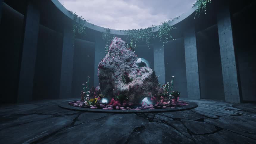 A large rock covered in organic alien life forms is on display in a museum