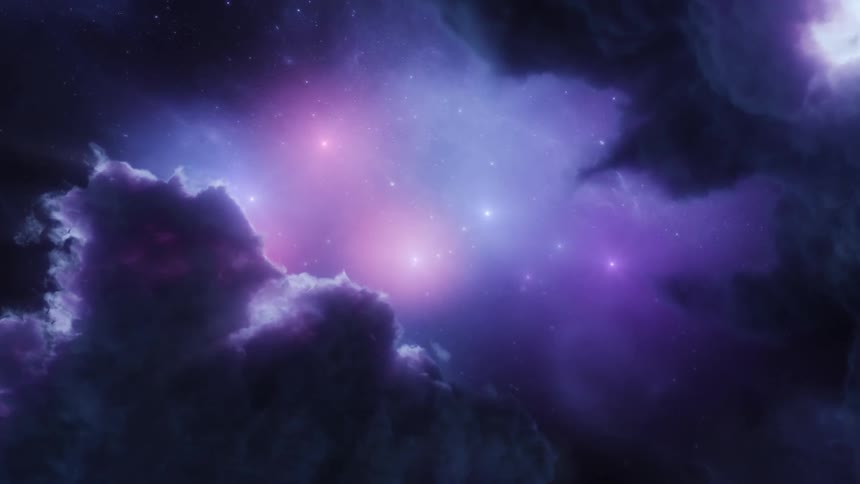 Dark clouds are illuminated with purple light as the stars in the sky glow brightly