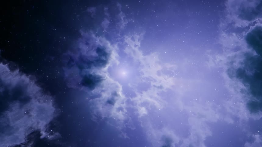 A purple light shines on the clouds in the sky as a glowing planet moves among the stars of the night