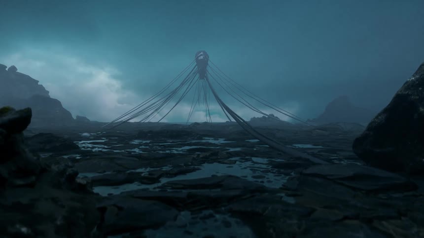 An alien being with long tentacles is seen in a foggy environment