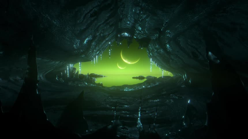 Stalagmites are silhouetted in cavern with opening showing multiple moons in a green sky