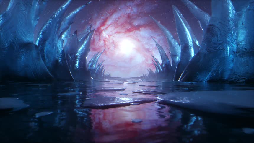 Surreal dreamlike computer generated special effects shot of a strange colorful alien planet