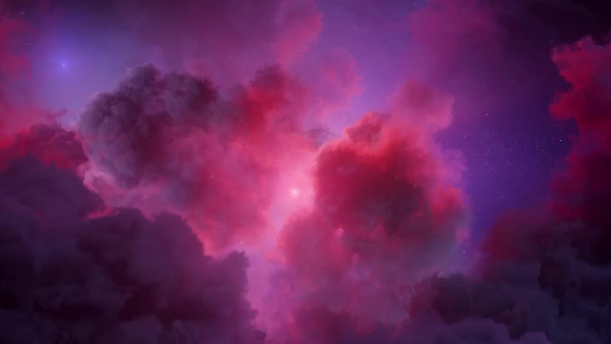 Surreal dreamlike computer generated special effects of a flyby through a pink nebula in space