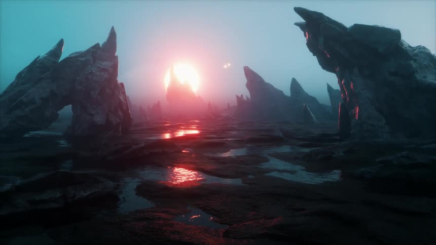 Sharp rocks jutting out over an alien landscape with three suns