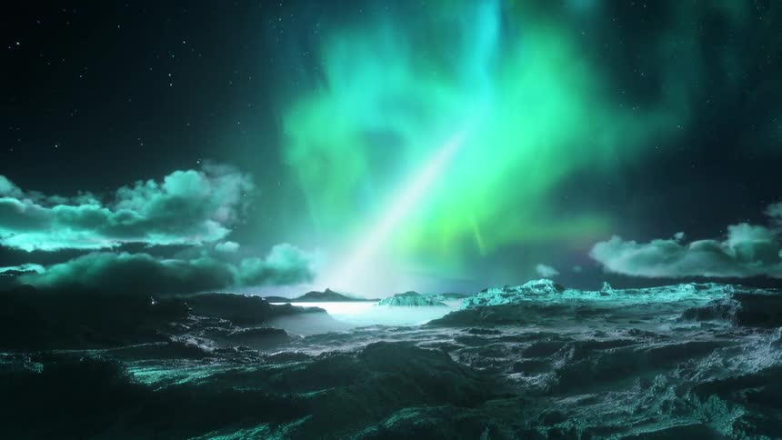 An aurora shines through a night sky on an alien planet